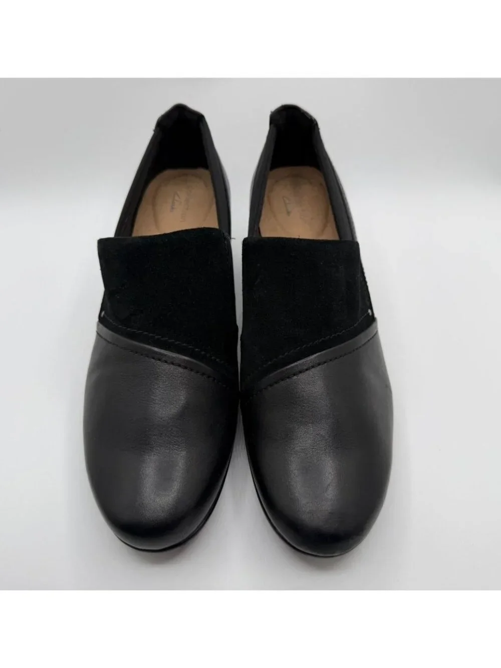 Clarks Emily Step Heel Loafers Women's Size 10M Black Leather/Suede Work Shoes